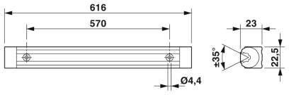 Strichzeichnung eines linearen Objekts mit Maßen: 616 mm Gesamtlänge, 570 mm zwischen Halterungen, Durchmesser 4,4 mm, Neigung ±35°.