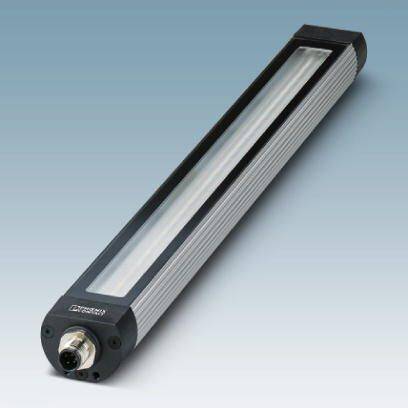 Eine rechteckige LED-Leuchte in einem schwarzen Gehäuse mit metallischer Oberfläche und Steckverbinder an einem Ende.
