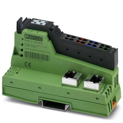 Ein grünes elektronisches Gerät mit Steckeranschlüssen und einem schwarzen oberen Teil, geeignet zur Verwendung in Schaltschrankinstallationen.