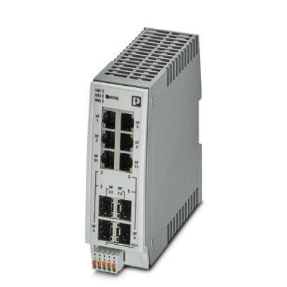 Ein graues elektrisches Schaltgerät mit mehreren Ethernet- und Glasfaseranschlüssen, wahrscheinlich zur Netzwerkanbindung verwendet.