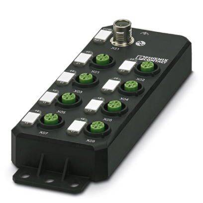 Schwarze elektronische Steuereinheit mit mehreren grünen Anschlussstellen und einem metallenen Rundstecker, verwendet für industrielle Anwendungen.