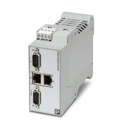 Industriegerät mit zwei Ethernet- und zwei seriellen Schnittstellen, geeignet für industrielle Kommunikationsanwendungen.