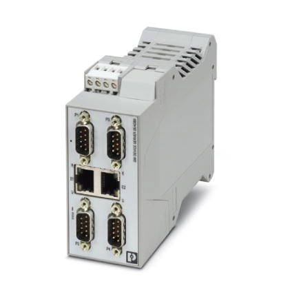 Ein industrielles Kommunikationsgerät mit zwei Ethernet-Ports und mehreren seriellen Ports zur Verbindung und Datenübertragung.