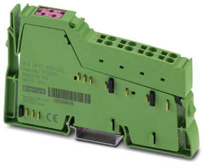 Grünes elektrisches Modul mit verschiedenen Anschlüssen und Steckern, möglicherweise ein Schaltschrankzubehör, mit Aufdruck und Barcode.