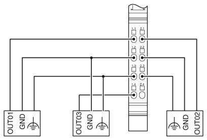 Schaltplan einer elektronischen Komponente mit drei Ausgängen (OUT01, OUT02, OUT03) und Masseanschlüssen (GND) verbunden.