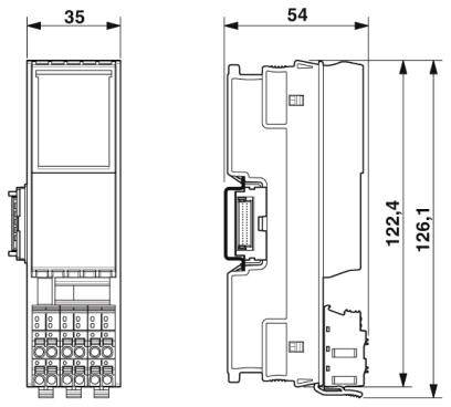 Technische Zeichnung eines elektronischen Geräts mit detaillierten Maßen. Links: 35 mm Breite. Rechts: 54 mm Breite, Höhe 126,1 mm bis 126,4 mm.