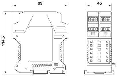 Abbildung eines elektronischen Geräts mit Maßen 114,5 mm x 99 mm vorne, 45 mm seitlich. Gehäuseform und Anschlüsse sichtbar.
