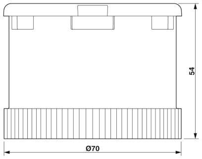 Diagramm eines zylindrischen Behälters mit Deckel, zeigt Vorderansicht. Höhe 54 mm, Durchmesser 70 mm.