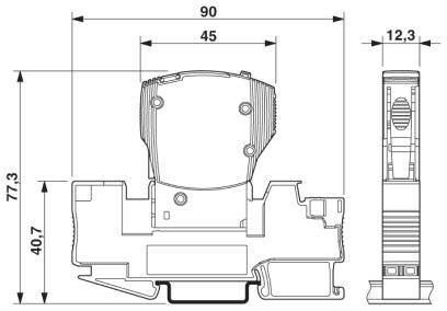 Technische Zeichnung einer elektrischen Komponente mit Abmessungen: Breite 90 mm, Höhe 77,3 mm, Tiefe 12,3 mm.