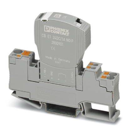 Elektronischer Sicherungsautomat von Phoenix Contact mit der Aufschrift 'CB E1 24DC/1A NO P'. Schlankes, graues Design für Hutschienenmontage.
