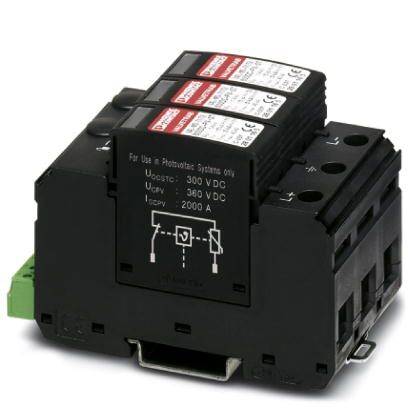 Ein schwarzer Überspannungsschutzgerät für Photovoltaiksysteme mit drei austauschbaren Modulen, auf Vorderseite technische Spezifikationen.