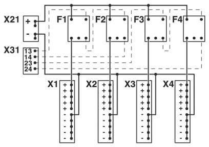 Schaltplan mit Verbindungen von X21 und X31 zu vier Einheiten (F1 bis F4), jeweils mit Anschlüssen X1 bis X4.