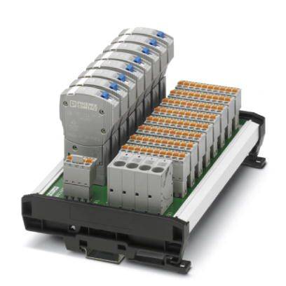 Ein elektronisches Modulsystem mit Steckverbindungen und orangenen Clips. Hauptsächlich für Schaltschränke oder elektronische Anwendungen.