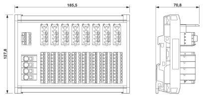 Technische Zeichnung eines elektrischen Schaltschrankes mit Maßen. Ansicht von oben und von der Seite. Markiert sind 185,5 mm und 70,8 mm.