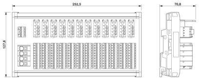 Technische Zeichnung eines elektrischen Schaltkastens mit Maßen 252,5 x 127,3 x 70,8 mm, zeigt Front- und Seitenansicht.