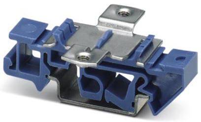Ein blauer und metallener elektrischer Steckverbinder mit einer Halterung, geeignet für die Montage auf einer Tragschiene.