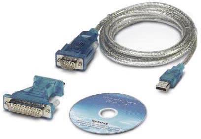 Ein USB-auf-Seriell-Kabeladapter-Set mit zwei Adaptern und Software-CD für Anschluss älterer Geräte an moderne Computer.