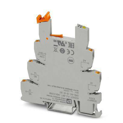 Ein graues elektronisches Relaismodul mit orangefarbenen Hebeln und beschrifteten Anschlüssen, verwendet in Schaltschränken.
