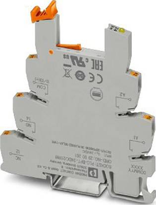 Graues elektrisches Relaismodul mit orangefarbenen Clips, gekennzeichnet mit 'Z1', 'Z2' und 'Y1', 'Y2'. CE- und Prüfzeichen sichtbar.