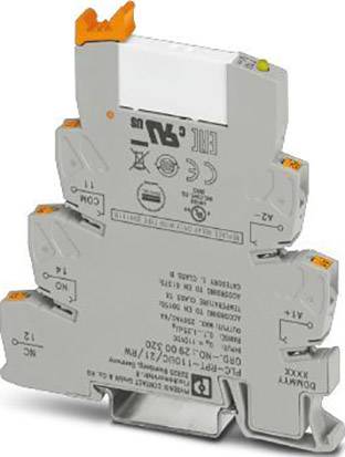 Ein grauer elektrischer Klemmenblock mit orangefarbenen Bedienelementen und Beschriftungen.