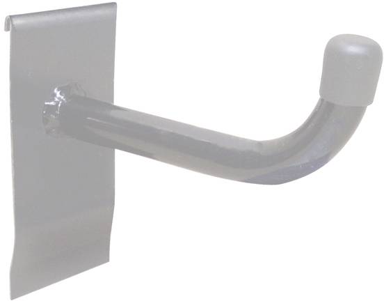 Ein schwarzer Metallhaken mit abgerundeter Spitze, zur Wandmontage geeignet, ideal für Werkzeugaufhängung in Garagen oder Werkstätten.