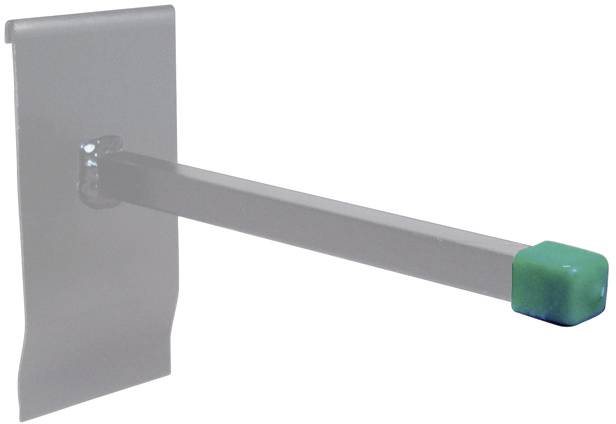 Ein silberner Metallhaken mit einem grünen Kunststoffende, der an einer Wand befestigt ist. Verwendung zur Aufbewahrung oder Präsentation.