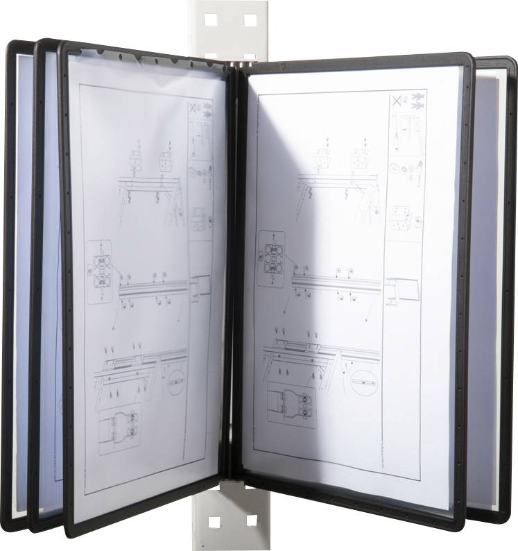 Ein offenes Schaukasten-Displaysystem mit technischen Zeichnungen auf mehreren Seiten, montiert an einer vertikalen Stange.