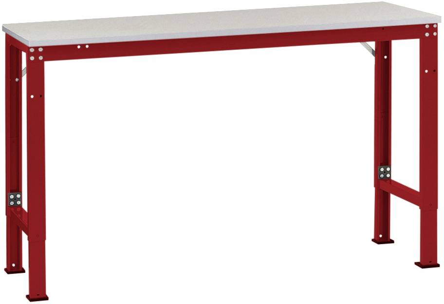 Ein einfacher Tisch mit rechteckiger Platte und roten Metallbeinen. Ideal für Arbeits- oder Schreibtischnutzung.