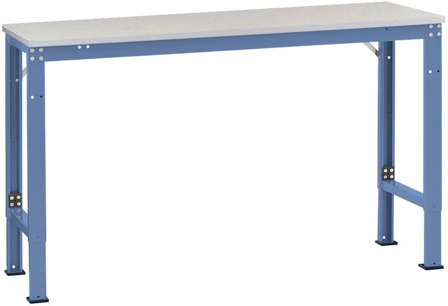 Ein blauer Arbeitstisch mit einer weißen Oberfläche und verstellbaren Beinen. Der Tisch hat eine stabile Metallkonstruktion.