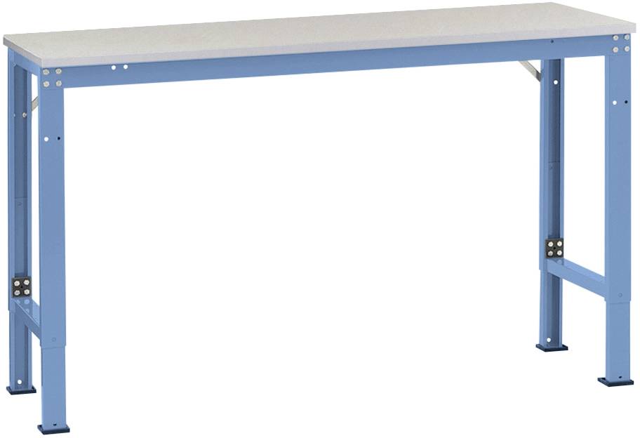 Ein blauer, stabiler Tisch mit metallischen Beinen und einer glatten Tischplatte. Geeignet für Werkstatt- oder Büroanwendungen.
