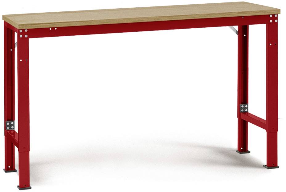 Ein einfacher Arbeitstisch mit roter Metallkonstruktion und hölzerner Tischplatte.
