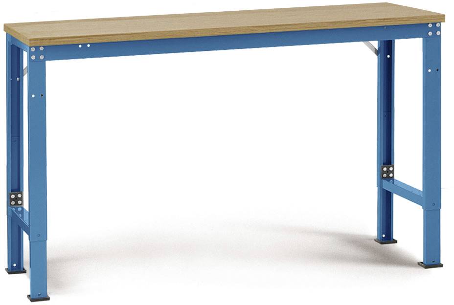 Ein einfacher blauer Tisch mit Holztischplatte und vier Beinen, geeignet für Werkstatt- oder Büroeinsatz.