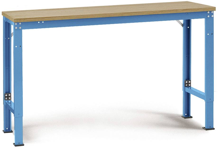 Langer Tisch mit blauem Metallgestell und holzfarbener Tischplatte. Geeignet für Werkstatt- oder Büroanwendungen.