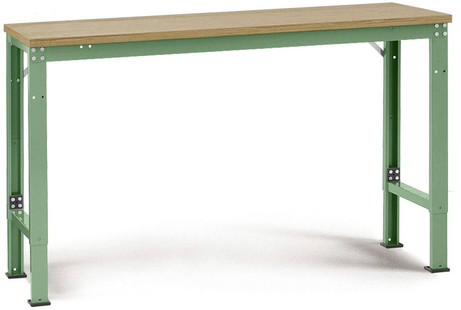 Ein hoher Tisch mit grünem Metallgestell und hellbrauner Holzplatte. Geeignet für Werkstatt- oder Büroanwendungen.