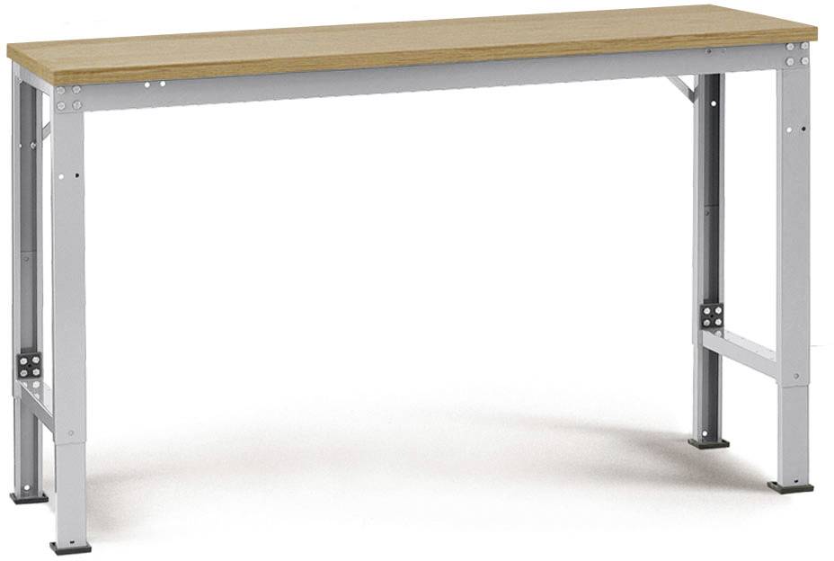 Ein Tisch mit Metallbeinen und einer Holzoberfläche, der stabil und funktional wirkt. Geeignet für Arbeitsräume oder Werkstätten.