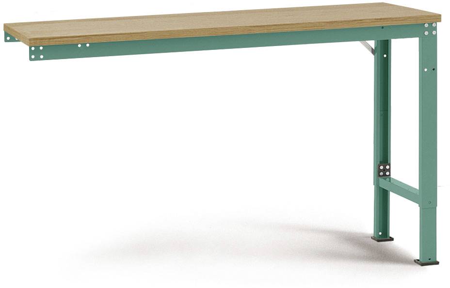 Ein schlichter Tisch mit einer Holzplatte und grünen Metallbeinen, bereit zum Gebrauch in einem Heimbüro oder Werkstatt.