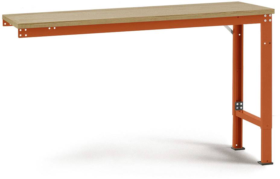 Holztisch mit orangefarbenen Metallbeinen, modernes Design.