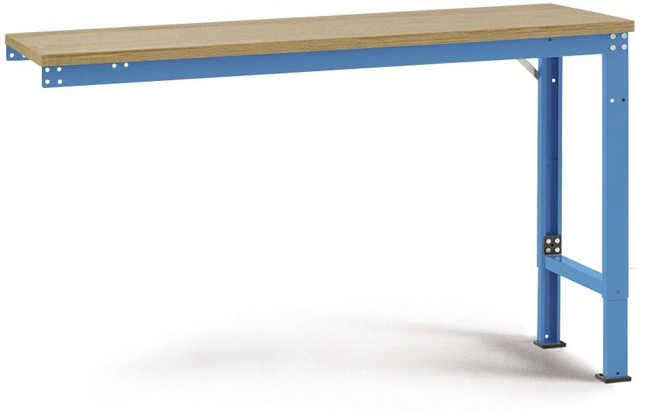 Holztischplatte auf blauem Metallgestell, minimalistisch gestaltet.
