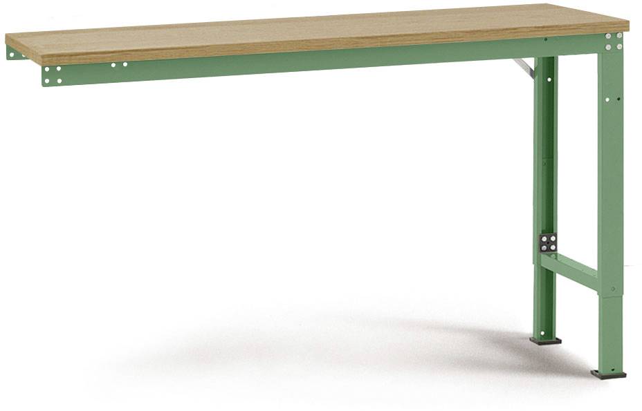 Langer, schmaler Tisch mit grünen Metallbeinen und hölzerner Tischplatte, geeignet für Arbeits- oder Studierzwecke.