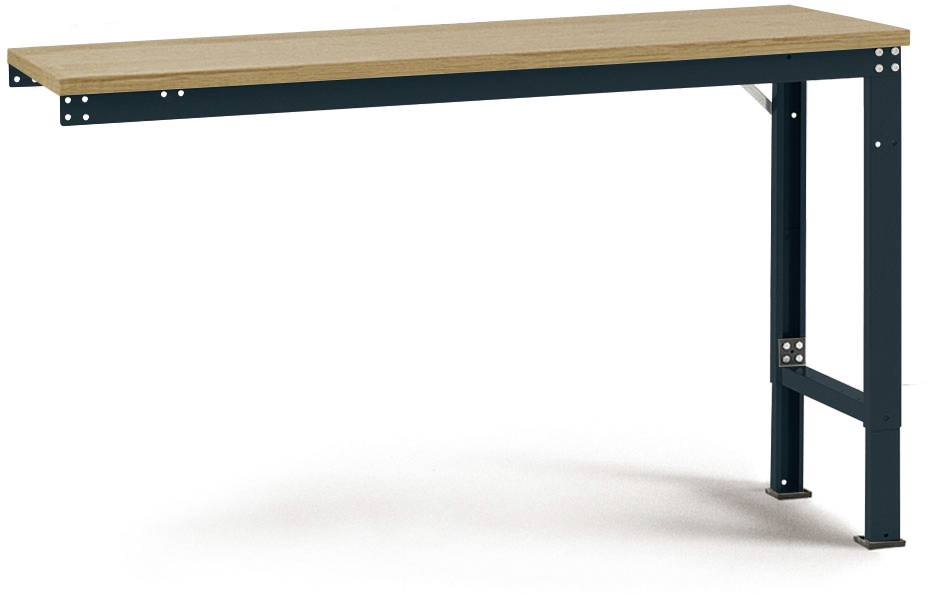 Ein einfacher Tisch mit einer Holzplatte und einem dunklen Metallgestell. Der Tisch hat zwei Beine und ist an einer Wand montiert.