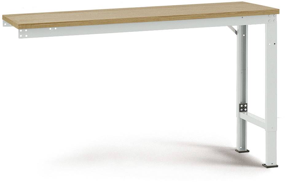 Ein Tisch mit rechteckiger Holzplatte und weißen Metallbeinen, geeignet für Büros oder Werkstätten.