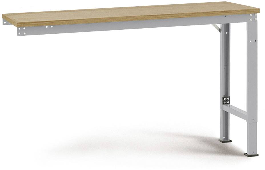 Ein einfacher Schreibtisch mit einer Holzplatte und grauen Metallbeinen, rechts ausgerichtet.