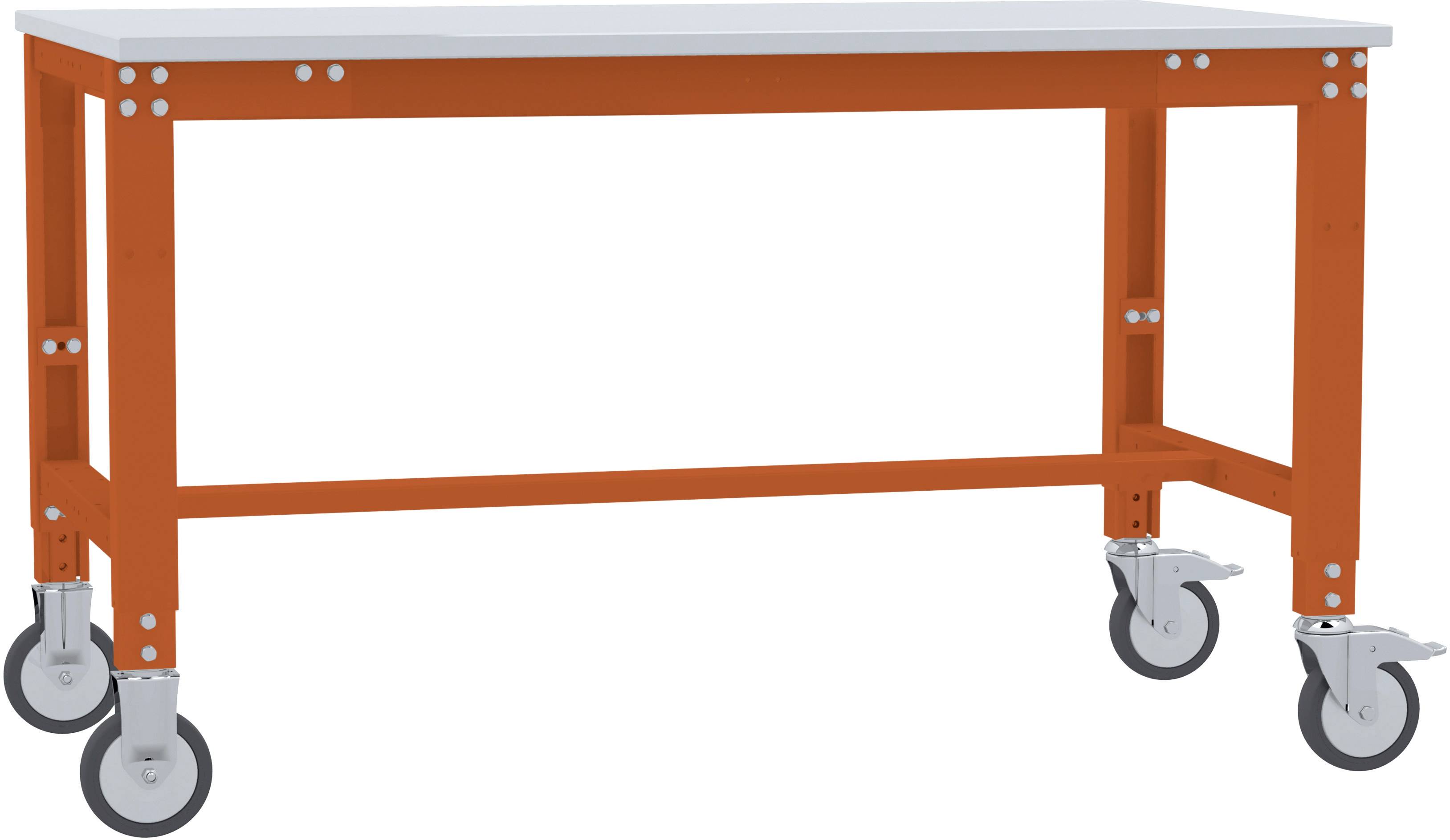 Ein metallischer Arbeitstisch mit orangefarbenem Gestell und vier Rollen, geeignet für Werkstatt- oder Lagerumgebungen.