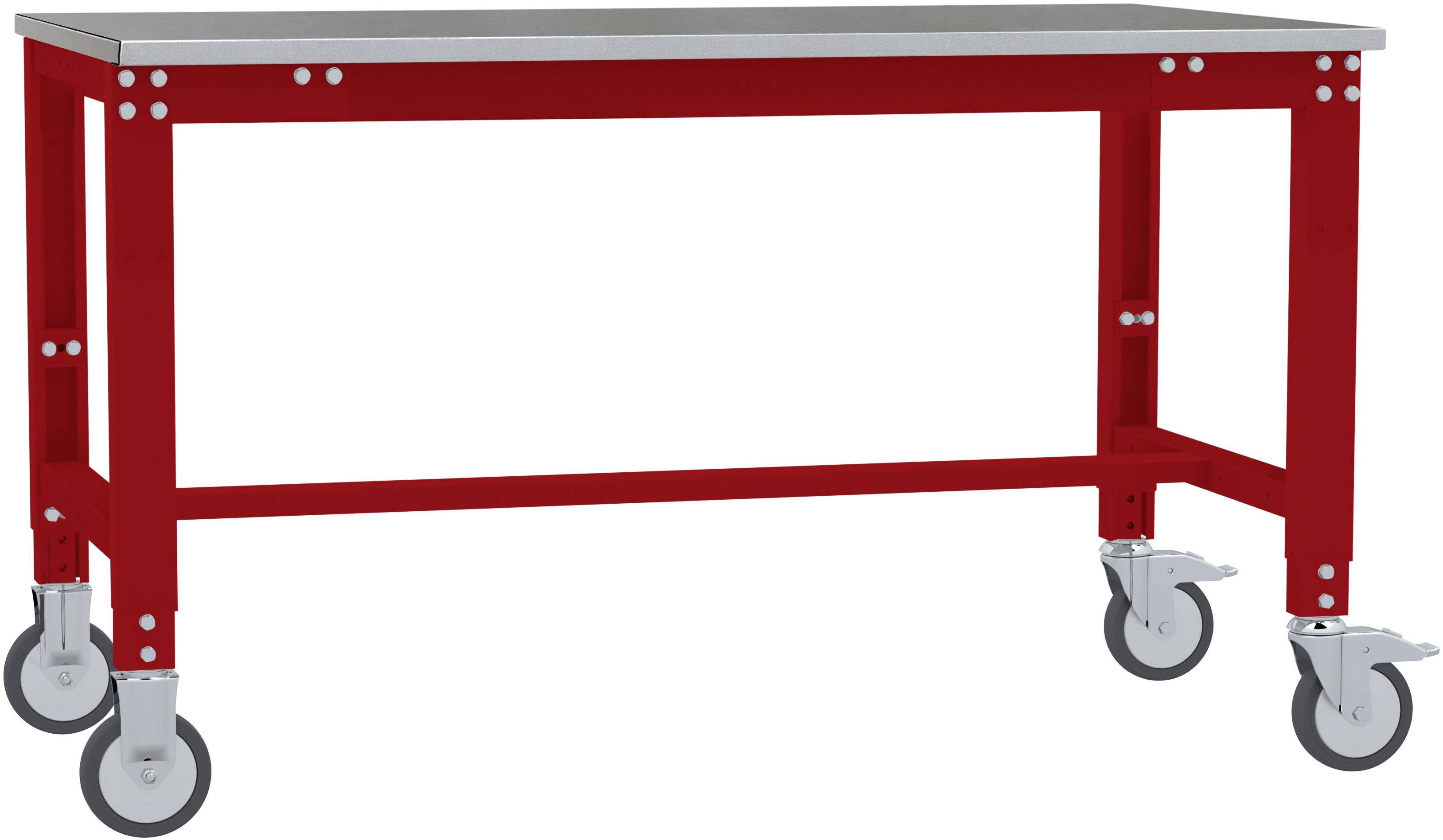 Roter mobiler Arbeitstisch mit vier beweglichen Rädern, geeignet für flexible Arbeitsbereiche.