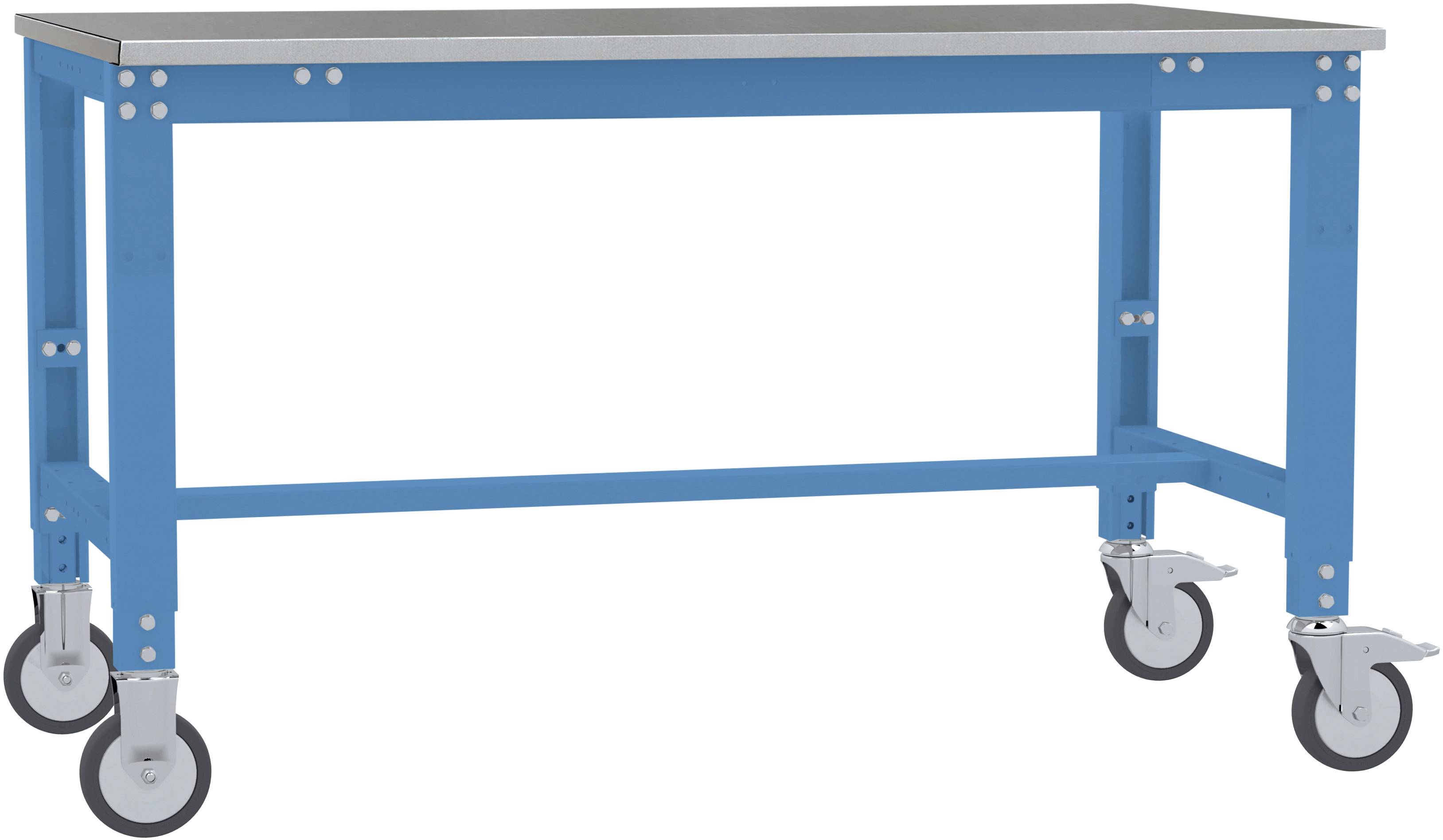 Ein blauer rollbarer Arbeitstisch mit Metallplatte und vier schwenkbaren Rädern, geeignet für flexible Arbeitsumgebungen.