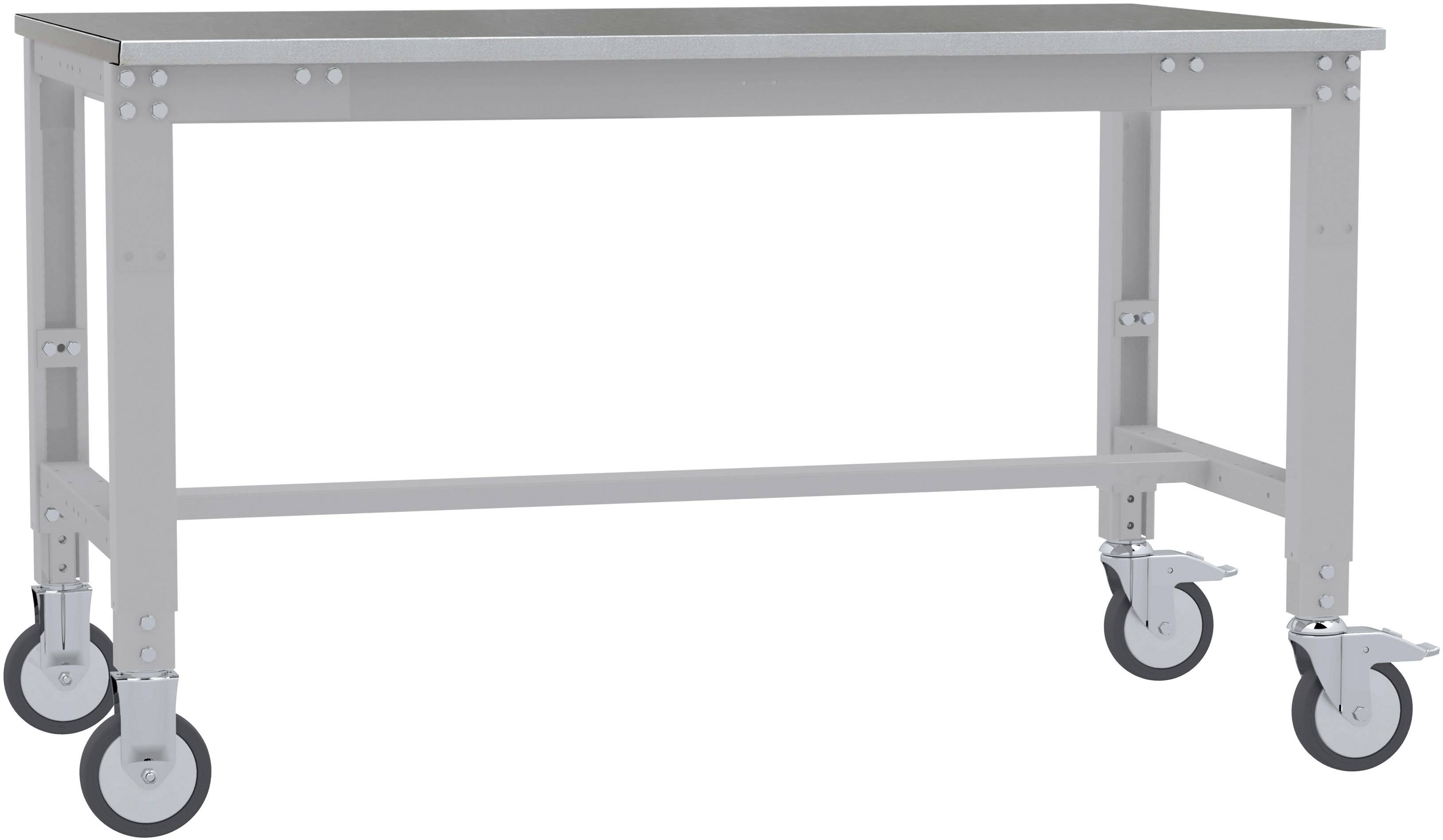 Metallwerkbank mit vier Rädern, geeignet zum mobilen Einsatz in Werkstätten.