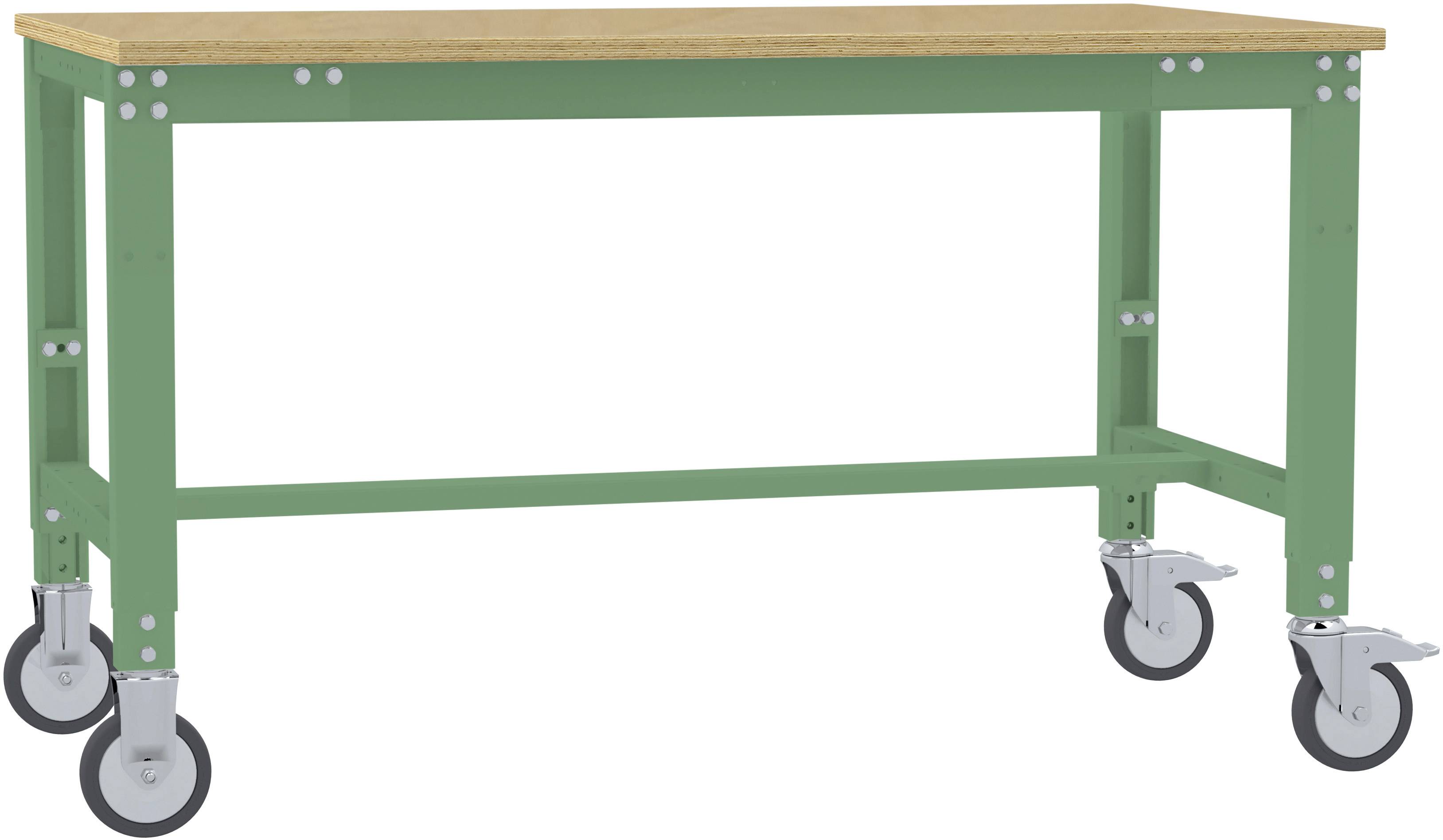 Ein grüner Arbeitstisch auf Rollen mit einer Holzplatte, geeignet für Werkstätten oder Garagen.
