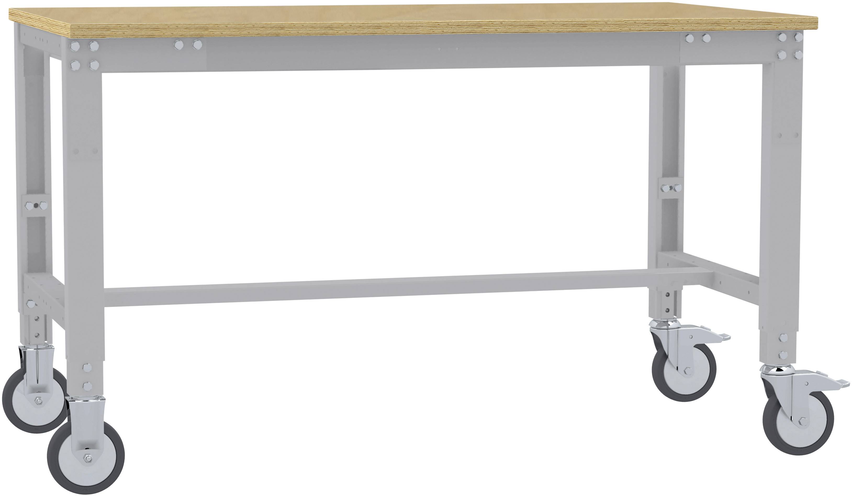 Metalltisch mit vier Rollen, grauem Gestell und Holzplatte.