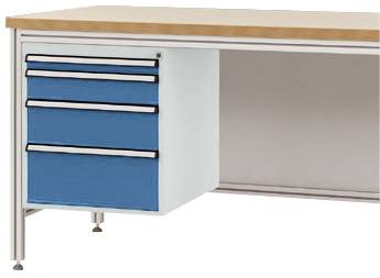 Ein weißer Schreibtisch mit blauer Schubladeneinheit auf der linken Seite. Tischplatte aus Holz, Füße aus Metall.