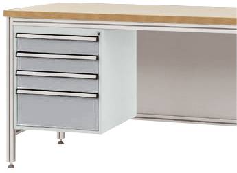 Metalltisch mit hellbrauner Holzplatte, integriertem Schubladenschrank mit vier Schubladen auf der linken Seite.